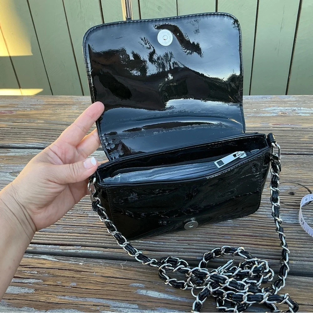 Big Buddha Black Chevron Patent Leather Crossbody/Shoulder Black Bag Chain Strap